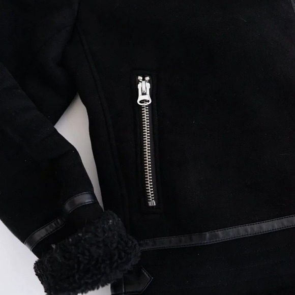 Zara Black Faux Shearling Bomber  Moto Jacket Small - Picture 10 of 16